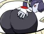  1girl ass ass_grab blue_(bluevp) blue_hair blue_skin bluevp bone butt butt_grab clothing female hair hair_over_one_eye huge_ass huge_butt leviathan_(skullgirls) looking_back plain_background presenting presenting_hindquarters red_eyes side_ponytail skullgirls squigly squigly_(skullgirls) stitched_mouth undead white_background zombie 