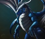  biceps blue_eyes blue_skin claws darkness detailed dragon dragon_wings exto fangs feral forked_tongue hairless horn male no_nipples nude pose rumiir scalie solo standing tongue tongue_out two_tone_skin white_scales wings 