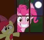 amber_eyes apple_bloom_(mlp) bat bat_pony bow duo equine fangs fear female feral friendship_is_magic fur grin hair hiding horse house magister39 mammal moon my_little_pony night pink_fur pink_hair pinkie_pie_(mlp) pony race_swap red_eyes red_hair scared teeth 