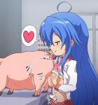  bestiality blue_hair blush bra bra_lift breasts cum ejaculation green_eyes izumi_konata large_breasts lucky_star nipples paizuri pig school_uniform shirt_lift striped striped_bra underwear uwa~a 