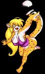  4_toes 5_fingers anthro big_breasts black_background blonde_hair bottomless breasts butt cheetah cleavage clothed clothing feline female hair hanging_breasts mammal mihari nipples orange_eyes pawpads plain_background pointing pose shirt skidd smile solo teeth toes tongue 