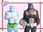  anthro biceps big_muscles black_fur black_nose blue_fur blush boxer_briefs broad_shoulders brown_fur bulge canine claws collar condom couple crossed_arms duo fur gay ig lollypop male mammal muscles pecs pose purple_eyes standing tan_fur together toned topless underwear white_fur wolf 