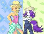 anthro anthrofied applejack_(mlp) blonde_hair blue_eyes breasts clothed clothing dress duo equine female freckles friendship_is_magic green_eyes hair hat horn horse mammal my_little_pony pony purple_hair rarity_(mlp) thegreatrouge unicorn 