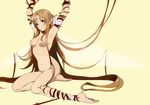  1girl armpits arms_up ascii_media_works asuna_(sao) bandage barefoot bdsm bondage bound breasts brown_eyes brown_hair ear_covers elf feet female highres long_hair nipples nude nude_filter photoshop pointy_ears solo sword_art_online toes very_long_hair 