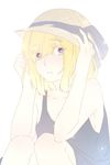  blonde_hair blue_eyes collarbone dress expressionless hand_on_headwear hat looking_at_viewer nishio_(nyanko2o2) parted_lips short_hair simple_background solo straw_hat usotsuki yume_nisshi 
