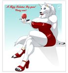  5_fingers absurd_res anklet anthro big_breasts black_nose blue_eyes breasts canine claws crossed_legs dress ear_piercing female fur hair hi_res high_heels jewelry lipstick looking_at_viewer mammal piercing ring shoes sitting smile solo walter_sache white_fur white_hair wolf 