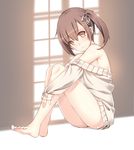  bare_legs bare_shoulders barefoot blush bottomless breasts brown_eyes brown_hair feet full_body hair_ribbon indoors kuro_(kuronell) leg_hug legs looking_at_viewer medium_breasts no_pants off-shoulder_sweater off_shoulder open_mouth original ribbon short_hair side_ponytail sideboob sitting solo sweater thighs window 