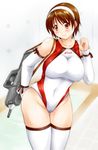  asics brand_name_imitation brown_eyes brown_hair competition_swimsuit detached_sleeves gun hairband kantai_collection natori_(kantai_collection) one-piece_swimsuit short_hair solo swimsuit thighhighs weapon white_hairband yukitaka 