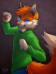  5_fingers abstract_background blue_eyes canine clothing falvie fist fox glowing happy leorenard looking_at_viewer looking_back male mammal pants pawpads paws raised_arm sharp_teeth smile solo standing sweater teeth 