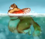  anthro belly belly_overhang big_belly big_butt bluhcat butt canine claws eyes_closed fox fur inner_tube love_handles male mammal moobs morbidly_obese nude obese obese_male orange_fur outside overweight overweight_male partially_submerged smile solo thick_thighs toe_claws water white_fur 