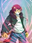  anthro belt black_nose brown_fur claws clothing feline fur hair jacket jeans lion looking_at_viewer male mammal muscles necklace pants pecs pose rabbity red_hair shirt solo standing tan_fur white_fur 