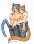  bare_chest blue_fur blue_hair brown_fur brown_hair cat chest clothed clothing couple cuddling duo feline fur furries gay hair holding hug human invalid_tag jeans koshkio licking looking_at_viewer love lovers male mammal more_human navel no_shirt pants short_hair stomach tongue tongue_out topless unbuttoned yellow_eyes 