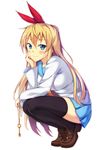  bad_id bad_pixiv_id black_legwear blonde_hair blue_eyes hair_ribbon key kirisaki_chitoge long_hair nisekoi peach_(momozen) ribbon simple_background skirt smile solo squatting thighhighs white_background zettai_ryouiki 