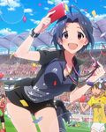  :d ahoge blue_hair breasts cleavage confetti idolmaster idolmaster_(classic) idolmaster_million_live! large_breasts lens_flare miura_azusa multiple_girls official_art open_mouth red_card red_eyes referee short_hair shorts smile soccer soccer_field soccer_uniform sportswear whistle 