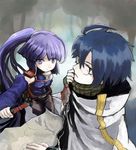  1girl adjusting_eyewear ahoge akatsuki_(log_horizon) blue_hair cape detached_sleeves glasses log_horizon long_hair petite ponytail purple_eyes purple_hair shiroe short_hair yurou_(yamasna) 