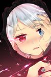  bad_id bad_pixiv_id blue_eyes blush earrings fingers hair_ornament hairclip hand_on_own_cheek hand_on_own_face heterochromia holding iri_flina jewelry maki666 mirror nail_polish no_eyepatch open_mouth red_eyes reflection short_hair silver_hair solo sword_girls tearing_up tears 