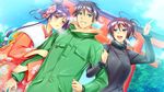  1boy 2girls arm_hug black_hair blue_eyes blue_hair breasts brown_hair cloud clouds coat double_arm_hug flower game_cg girl_sandwich green_eyes hair_ornament happy highres japanese_clothes kimono large_breasts long_hair multiple_girls open_mouth pimp pink_eyes ponytail ribahara_aki sandwiched short_hair sky standing torii tree trees yomi_ecchi!_honzuki_de_mousou_kei_na_senpai_to_otokozuki_de_koakuma_kei_na_sensei_demotte_boku 