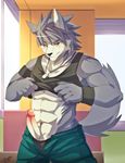  abs anthro biceps big_muscles black_nose blush bulge canine clothing dog dog_tags erection fur grey_fur grey_hair hair humanoid_penis husky kouya_aotsuki male mammal morenatsu muscles necklace pants pecs penis pose rabbity sheath shirt shirt_lift solo standing tank_top teeth toned underwear wristband 