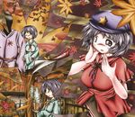  1girl arm_holding autumn_leaves blouse breasts commentary_request faceless faceless_male hands_on_own_face hat highres inset japanese_clothes kimono lavender_hair leaf maple_leaf miyako_yoshika miyako_yoshika_(living) multicolored multicolored_background ofuda ofuda_removed one_eye_closed parted_lips purple_eyes short_hair silver_eyes skirt star tears touhou ys_(ytoskyoku-57) 