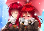  blush closed_eyes couple covered_mouth covering_mouth elesis_(elsword) elsword fi-san interview long_hair microphone multiple_girls out_of_frame red_eyes red_hair scarf scarf_over_mouth shared_umbrella snow snowing umbrella upper_body winter_clothes yuri 