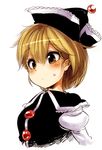  black_dress blonde_hair blush capelet crescent dress hair_between_eyes harusame_(unmei_no_ikasumi) hat juliet_sleeves long_sleeves looking_at_viewer lunasa_prismriver puffy_long_sleeves puffy_sleeves shirt simple_background solo touhou upper_body white_background yellow_eyes 