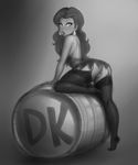  ass barrel donkey_kong_(game) dress earrings eyelashes eyeshadow garter_straps greyscale highres jewelry lineart lips lm_(legoman) long_hair makeup monochrome no_panties pauline_(mario) puckered_lips pussy short_dress solo thick_thighs thighhighs thighs tiptoes 