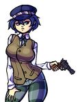  blue_eyes blue_hair breasts cabbie_hat contrapposto cubesona gun handgun hat large_breasts pants persona persona_4 pistol revolver shirogane_naoto short_hair solo source_request standing striped striped_pants vest weapon 