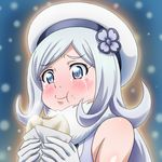  aila_jyrkiainen baozi bare_shoulders beret blue_eyes blush eating elbow_gloves food food_on_face fur_trim gloves gundam gundam_build_fighters hat long_hair mameshiba silver_hair snot solo tears 