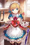  blonde_hair blue_eyes blush box chocolate copyright_name flower garter_straps gift heart heart-shaped_box incoming_gift looking_at_viewer maid_headdress momoko_(momopoco) outstretched_arms short_hair smile solo thighhighs valentine venus_blade 