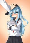  admiral_(kantai_collection) blue_eyes blue_hair blush hat hibiki_(kantai_collection) holding holding_paper kantai_collection long_hair paper petting school_uniform serafuku silent_sakia solo_focus 