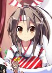  amano_kouki black_hair brown_eyes brown_hair chocolate chocolate_heart cooking dreaming hachimaki headband heart high_ponytail highres japanese_clothes kantai_collection long_hair looking_at_viewer multiple_girls muneate open_mouth ponytail shouhou_(kantai_collection) smile valentine zuihou_(kantai_collection) 