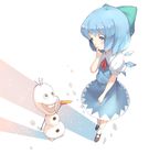  blue_eyes blue_hair bow buck_teeth carrot cirno crossover dress finger_in_mouth footprints frozen_(disney) hair_bow hillly_(maiwetea) ice ice_wings olaf_(frozen) open_mouth puffy_sleeves smile snowman touhou white_legwear wings 