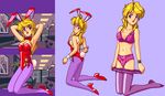  1girl 90s aliasing animal_ears blonde_hair bra breasts bunny_ears bunny_girl bunny_tail bunnysuit character_request game_cg idol_janshi_suchie-pai indoors jaleco kåmoto_sayuri panties pantyhose sideboob sonoda_ken&#039;ichi sonoda_ken'ichi stitched tail underwear watch 