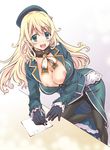  absurdres atago_(kantai_collection) black_gloves blonde_hair blush breasts gloves green_eyes hat highres kantai_collection large_breasts letter long_hair looking_at_viewer military military_uniform nipple_slip nipples open_clothes open_mouth open_shirt pantyhose pencil shirt smile solo suzuki24 uniform writing 