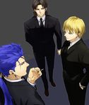  blonde_hair blue_hair brown_hair cigarette fate/stay_night fate_(series) formal gilgamesh kotomine_kirei lancer male_focus multiple_boys ponytail sake_(kadai) suit 