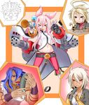  3girls ahoge animal_ears arakune azrael_(blazblue) blazblue blazblue:_chronophantasma blonde_hair bullet_(blazblue) cat_ears cat_tail food gatling_gun gauntlets gun iron_tager kokonoe kuroshiro_(ms-2420) lambda-11 makizushi multiple_boys multiple_girls pants pink_hair red_eyes red_pants scar sushi tail weapon yellow_eyes 