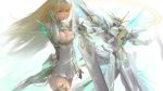  1girl armor badluck bangs blonde_hair breasts cleavage cleavage_cutout covered_navel dress earrings gem gloves headpiece highres hikari_(xenoblade_2) jewelry large_breasts long_hair nintendo robot simple_background spoilers swept_bangs thigh_strap tiara xenoblade_(series) xenoblade_2 yellow_eyes 