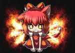  achi_cirno alternate_color alternate_element animal_ears arm_support bad_id bad_pixiv_id black_background bow cat_ears cat_tail cirno clenched_teeth dress fiery_wings glowing glowing_eyes hair_bow kemonomimi_mode l_(negaeru) patterned_background red_hair short_sleeves sitting solo tail teeth touhou wariza wings 