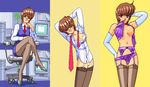  1girl 90s aliasing bra breasts character_request computer game_cg glasses idol_janshi_suchie-pai indoors jaleco nanjå_rie nipples panties smile sonoda_ken&#039;ichi sonoda_ken'ichi stitched underwear 