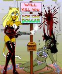  anthro blood breasts canine dead death dollar english_text execution female fox fur gore grotesque_death gun looking_at_viewer mammal money necktie open_mouth pay ranged_weapon standing text unknown_artist weapon wolf 