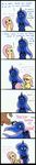  2012 bear blue_eyes blue_hair comic crown dialog english_text equine female fluttershy_(mlp) friendship_is_magic hair horn horse mammal messy_hair my_little_pony necklace pegasus plain_background pony princess_luna_(mlp) sparkles text throw winged_unicorn wings zackira 