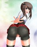  1girl ass bike_shorts blush bodypaint breasts brown_eyes brown_hair covering covering_crotch from_behind headband headgear kantai_collection looking_at_viewer looking_back open_mouth personification short_hair skirt taihou_(kantai_collection) thighhighs upskirt wiz_(shadow) 