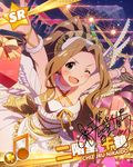  ;d angel_wings artist_request beamed_eighth_notes brown_hair card_(medium) character_name character_signature green_eyes headband idolmaster idolmaster_million_live! long_hair musical_note nikaidou_chizuru official_art one_eye_closed open_mouth ponytail smile stage_lights very_long_hair wings 