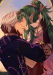  1boy 1girl absurdres bracelet cape chiki circlet couple eyes_closed fire_emblem fire_emblem:_kakusei fire_emblem:_monshou_no_nazo green_hair highres jewelry kiss long_hair male_my_unit_(fire_emblem:_kakusei) mamkute miss_eliott my_unit_(fire_emblem:_kakusei) nintendo pointy_ears ponytail short_hair simple_background stone tiara white_hair 