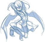  arms_behind_head bat_wings full_body looking_away lowres messier_number monochrome oni_musume_(yume_2kki) red_eyes simple_background sketch solo spot_color twintails wings yume_2kki 