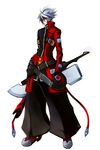  absurdres belt blazblue bloodedge boots early_type full_body gloves green_eyes hair_over_one_eye hakama highres huge_weapon jacket japanese_clothes male_focus multiple_belts ragna_the_bloodedge red_jacket silver_hair solo weapon 