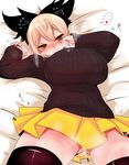  after_sex black_legwear blonde_hair blush breasts cum cumdrip han_(jackpot) huge_breasts kurodani_yamame lying miniskirt no_panties on_back on_bed pleated_skirt ribbed_sweater skirt solo sweater thighhighs touhou yellow_eyes yellow_skirt 