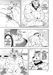  anthro barefoot bathing bear beard blush chubby comic cum dialog ena_(kumagaya) english_text facial_hair gay greyscale hyena japanese_text kumagaya_shin male mammal mechanic monochrome nipples nude overweight penis soap text tom_(kumagaya) translated water 