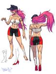  abs alternate_costume ass barefoot bike_shorts blue_eyes breasts diepod final_fight hat high_heels highres lipstick low_ponytail makeup midriff navel pink_hair poison poison_(final_fight) red_footwear shoes skull_and_crossbones strapless tattoo tubetop 