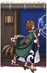  animal_ears brown_hair futatsuiwa_mamizou geta glasses haori japanese_clothes kiseru leaf leaf_on_head lowres pipe pixel_art profile raccoon_ears raccoon_tail scarf smoke tail touhou unk_kyouso walking 